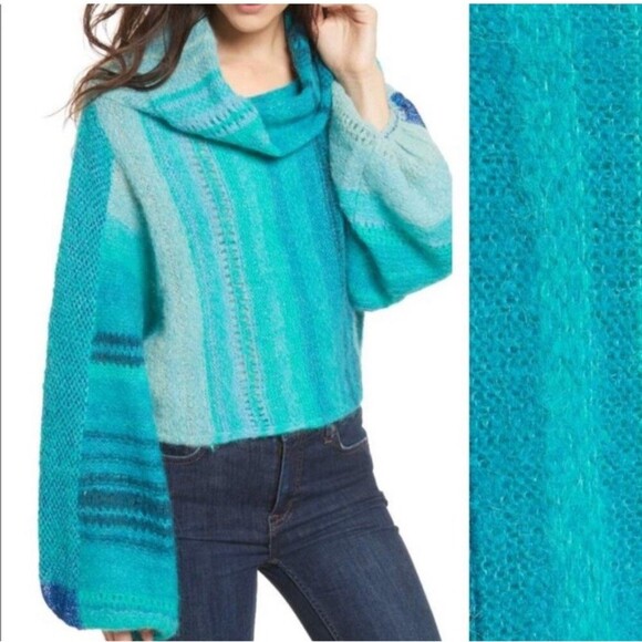 Free People Cloud Kicker Sweater XS S Ombre Blue Cowl Neck Alpaca Blend Balloon - Picture 3 of 12
